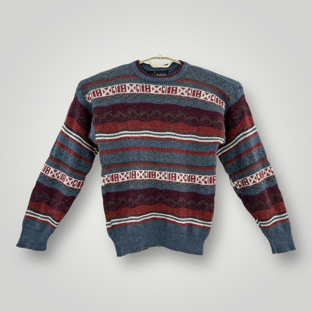 VTG 80s Kennington Italia‎ Sweater Mens M Grandpa Blue Burgundy Geometric Stripe